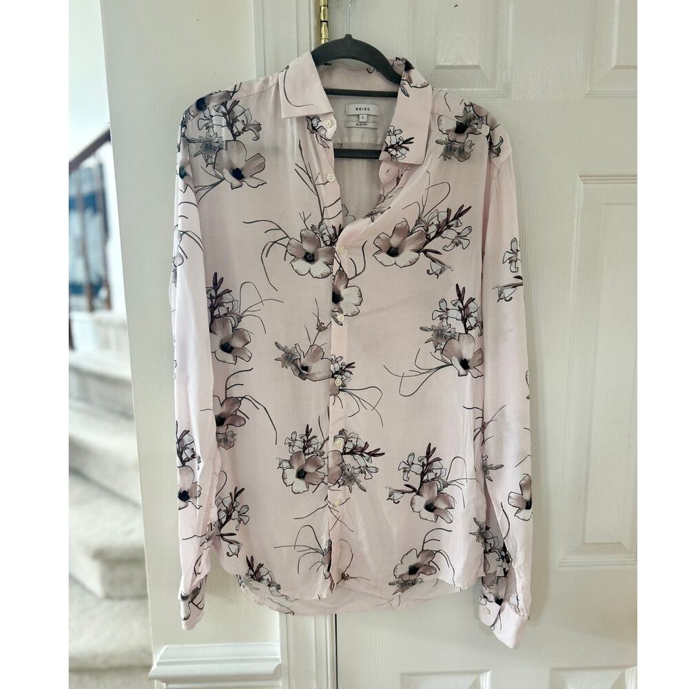 Reiss Blush Pink Cherry Blossom Floral Print Long Sleeve Button Down